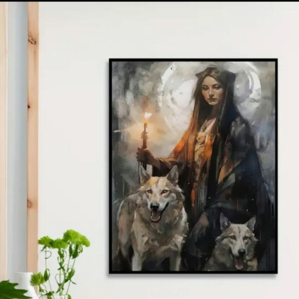 Huntress The Morrigan Canvas Art Print 12×16" Wolf Celtic Pagan Goddess Old Gods